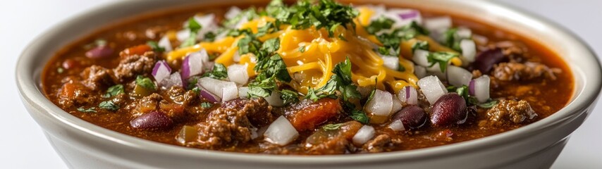 Bowl of Comforting Chili, a vibrant full-body view showcasing rich chili topped with melted cheese and diced onions, set against a pristine white backdrop for emphasis.