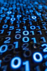 Poster - Binary Code Stream Blue Digits Flowing in Digital Space, Abstract Technology Background