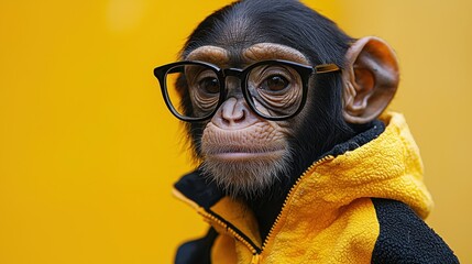 Poster - A stylish young chimpanzee wearing glasses and a colorful jacket poses confidently against a vibrant yellow background