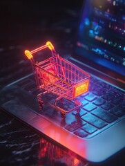 Canvas Print - Glowing shopping cart on a laptop created with Generative AI