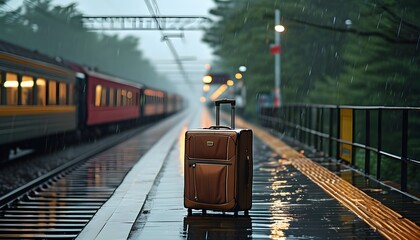 Wall Mural - Solitary suitcase on a rainy train platform, embodying travel and anticipation as a distant train approaches, signaling the journey ahead.