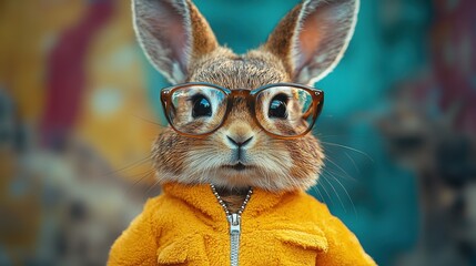 Poster - A cool rabbit wearing glasses and a yellow jacket poses confidently in a colorful urban environment during daylight