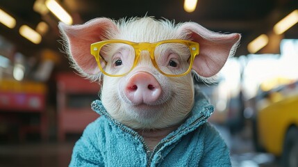 Wall Mural - A cute pig wearing yellow glasses and a blue sweater in a barn setting during daylight