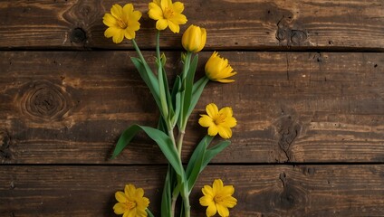 Vibrant yellow spring flowers on a rustic wooden surface.