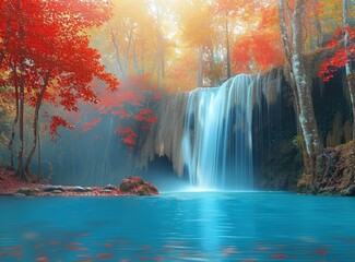 Poster - Tranquil Waterfall in a Lush Autumn Forest