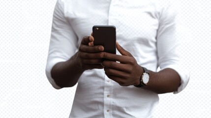 Wall Mural - Mobile phone in hands of an African American man, cut out transparent background