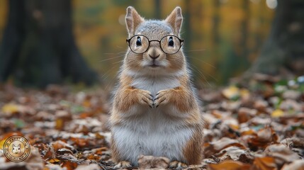 Wall Mural - A cute squirrel wearing glasses sits among autumn leaves in a serene forest setting during the fall season