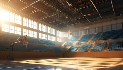 Sunlit gymnasium interior with soft light illuminating the empty basketball court and hoop through large windows