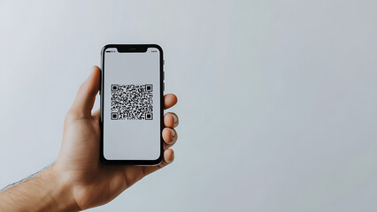 A hand holds a smartphone displaying a QR code.