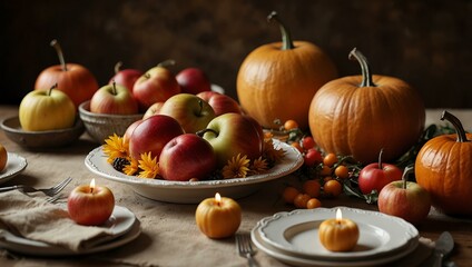 Warm Thanksgiving dinner with harvest decor like apples and pumpkins.