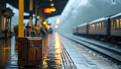 Wall Mural - Solitary suitcase on a rainy train platform, embodying travel and anticipation as a distant train approaches, signaling the journey ahead.