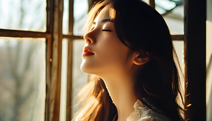 Serene young woman basking in sunlight, eyes closed, embodying natural grace and tranquility by the window