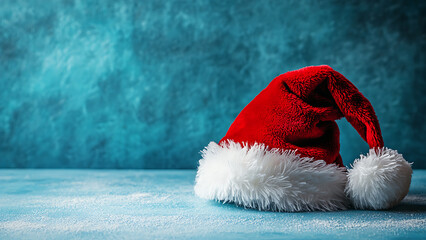 A red Santa hat with white fur trim on a blue background.