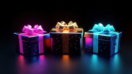 Wall Mural - Three glowing gift boxes with bows and ribbons on black background.