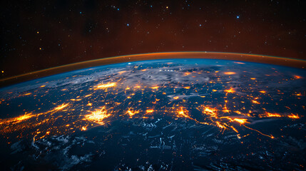 Poster - A breathtaking view of Earth illuminated by city lights from space, showcasing the planet's curvature and a starry backdrop, highlighting the beauty of our world for science.