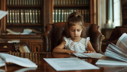 Wall Mural - A young girl sits at a desk with a pile of books and papers in front of her