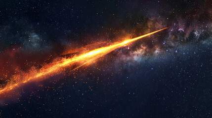 Poster - A dynamic digital depiction of a comet streaking through the starry night sky, leaving a bright orange trail against the dark backdrop of space for science.