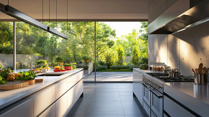 Poster - A sleek modern kitchen with large windows showcasing a lush green garden outside, featuring contemporary appliances and a clean design for food.