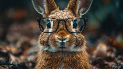 Wall Mural - A curious rabbit wearing glasses poses amidst fallen leaves in a serene forest setting during autumn