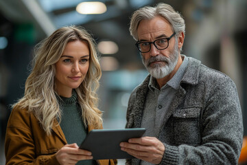 Canvas Print - A man and woman look at a tablet screen.