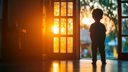 Young boy silhouette in dark room in front of the door from which the light emanates The concept of social distance