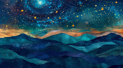 Poster - A vibrant illustration of a starry night sky over rolling mountains, with golden stars twinkling against a deep blue background, capturing the beauty of nature for landscapes.