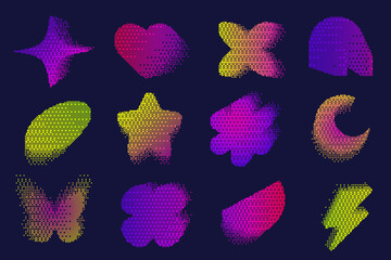 Poster - Pixel pattern shapes. Textured heart flower and star with bitmap Y2k dither gradient. Retro vector butterfly with old computer game graphic effect. Halftone grunge illustration