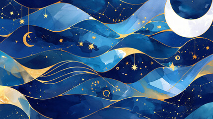 Poster - An artistic illustration featuring wavy blue patterns intertwined with golden celestial elements, including stars and a crescent moon, creating a dreamy night scene for graphic resources.