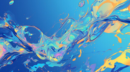 Poster - An abstract digital artwork showcasing swirling colorful waves in shades of blue, orange, and pink against a bright blue background, creating a dynamic and fluid visual effect for graphic resources.