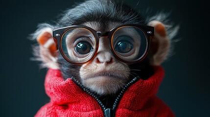 Wall Mural - Cute monkey wearing glasses and red jacket poses calmly against a dark background, showcasing its playful personality