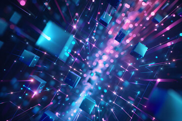 Poster - An abstract digital design showcases vibrant cubes and luminous particles in shades of blue and pink, creating a dynamic visual experience for technology.