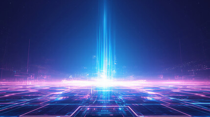 Poster - A futuristic digital landscape features radiant beams of light and neon colors, creating a vibrant and immersive visual experience for technology.
