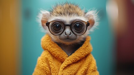 Canvas Print - Cute monkey wearing glasses and a yellow robe looks curiously at the camera in a cozy indoor setting