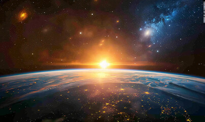 Poster - A breathtaking view of Earth from space during sunrise, showcasing vibrant colors of the atmosphere and twinkling city lights, highlighting the beauty of our planet for science.