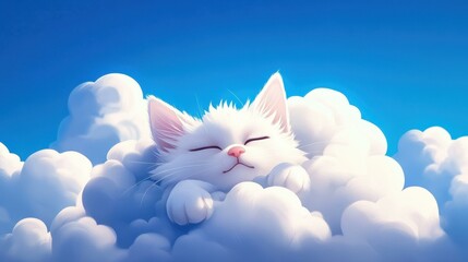 Poster - A delightful cartoon cat lounges on fluffy clouds, radiating pure calm and charm in a whimsical, colorful world.