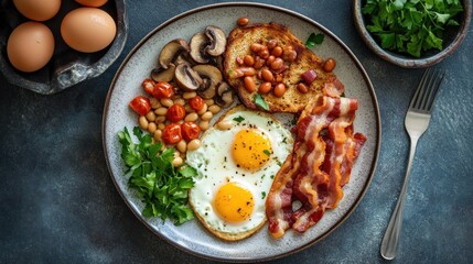 Classic English Breakfast with Fried Eggs, Bacon, and Toast