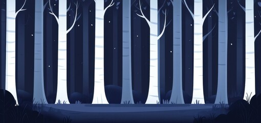 Poster - A playful flat design showcases white birch trees rising gracefully in a shadowy forest, blending whimsy with nature.