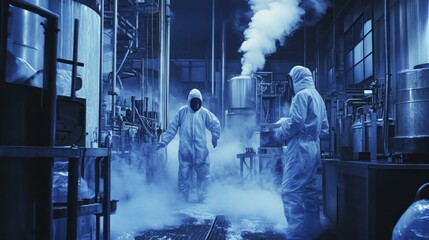 Two Workers in Hazmat Suits in a Factory