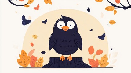 Wall Mural - A stylish flat design showcases a crow perched in a tree trunk, surrounded by vibrant falling leaves in autumn hues.