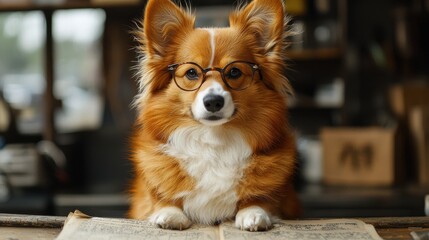 Wall Mural - A clever corgi wearing glasses studies a book in a cozy indoor setting during the afternoon