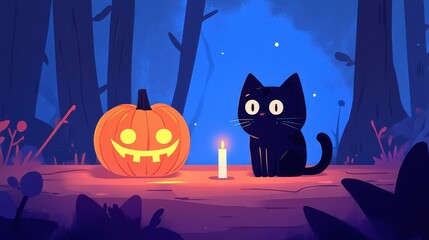 Canvas Print - This vibrant illustration brings a cozy, spooky vibe with a cat and a glowing pumpkin, perfect for autumn decor.