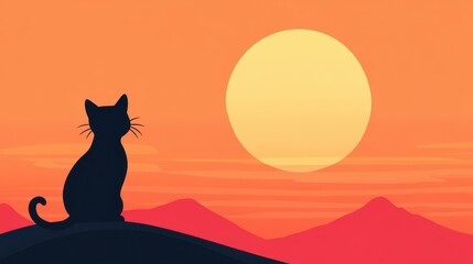 Canvas Print - A chic flat design captures a serene kitty enjoying the peaceful dawn light. Perfect for cat lovers and art enthusiasts.