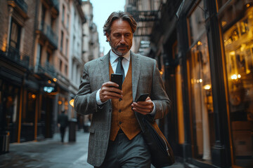 Sticker - Man in a suit checks his phone while walking down a city street.