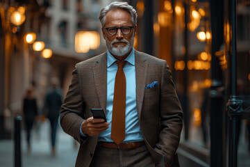 Sticker - A mature man in a suit checks his phone while walking down the street.