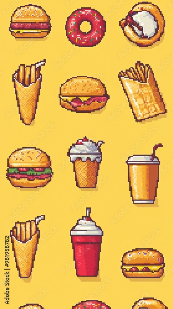 Pixel Art Fast Food Vector Set with Burger,pizza,Soda,Ice Cream,Hot Dog ...