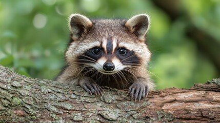 Wall Mural - raccoon exploring a tree branch in a lush woodland habitat during the afternoon light