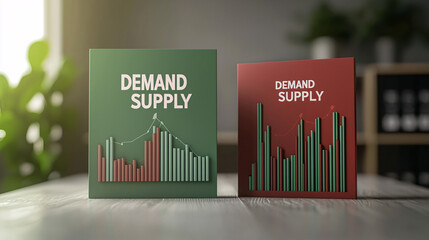 a 3d model of two contrasting business reports: one green labeled 