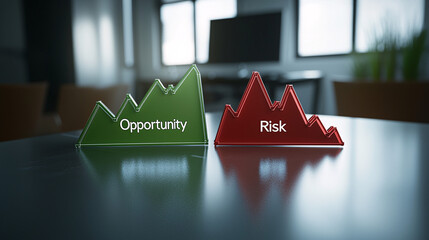 Wall Mural - A 3D model of two abstract financial graphs: one green graph labeled 