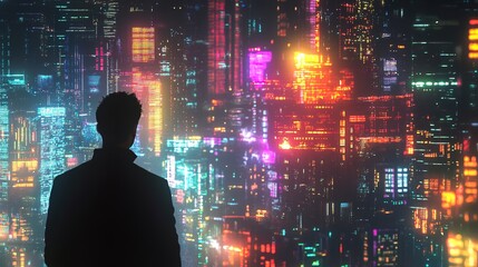 Wall Mural - silhouette of a man gazing at a futuristic digital cityscape filled with vibrant lights and technolo