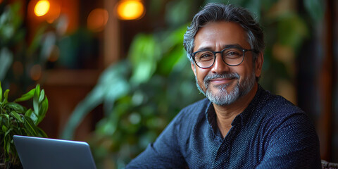 Smiling man with grey hair and beard in front of laptop